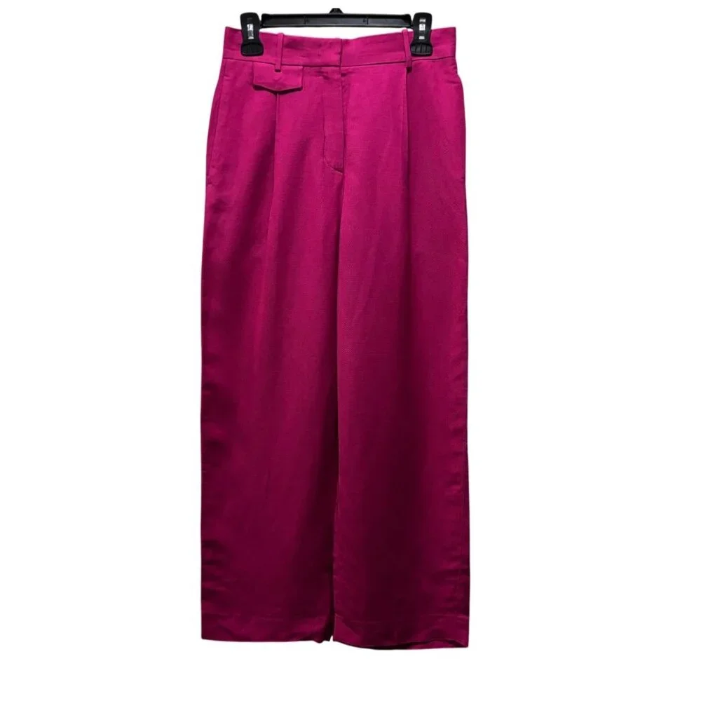 COS Womens Fuchsia Wide-Leg Pleated Linen-Blend Trousers Size 4